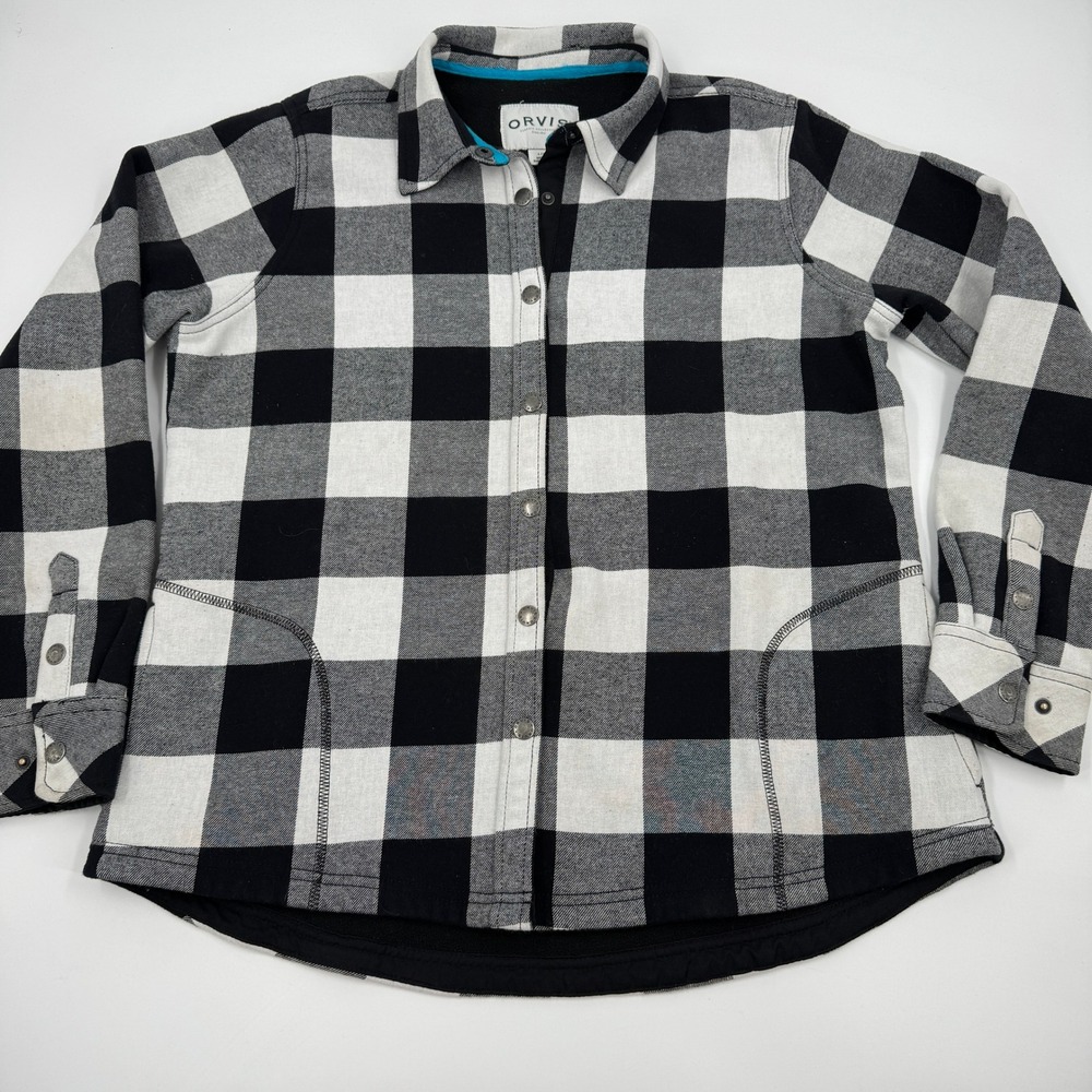 Orvis Shirt Jacket Womens Large Black White Buffalo Plaid Fleece Lined Shacket